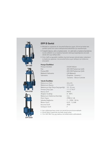 Efp-075d Atık Su Ve Foseptik İçin Döküm Gövdeli Flatörlü Dalgıç Pompa