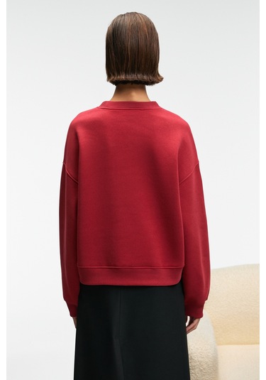 Grımelange Serenya Kadın Pamuklu Etiket Detaylı Bisiklet Yaka Kırmızı Sweatshirt Kırmızı