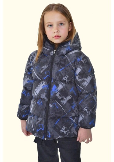 Kız Çocuk Dijital Desen Polar Su Ve Rüzgar Geçirmez Kapüşonlu Şişme Kışlık Mont Siyah
