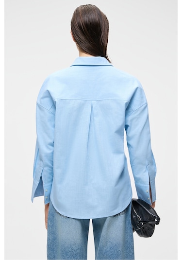 VESTA Kadın %100 Pamuk Keten Görünümlü Flamlı Oversize Mavi Gömlek