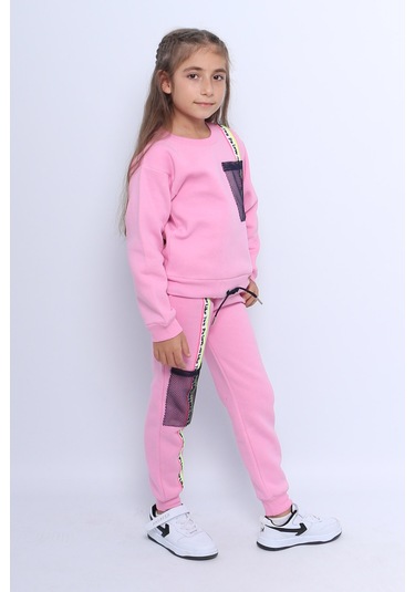 Kız Çocuk 3 İplik Eşofman Takımı Baskılı Cep Detaylı D27 Pembe