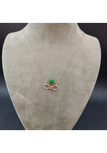 925 Ayar Gümüş Sonsuzluk Tema Yeşil Gül Modelli Harika Tasarım Altın Kaplama Kolye Gümüş