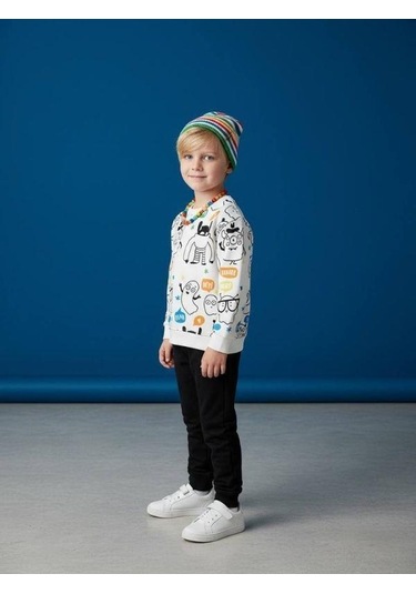 Zekids Erkek Çocuk Baskılı İnce Şardonlu Tasarım Eşofman Takımı-16632 Beyaz