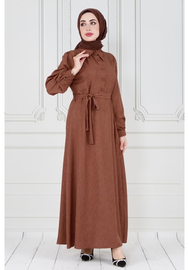 İnci Detaylı Kuşaklı Tesettür Elbise-kahverengi-3584-açık Mavi Açık Mavi