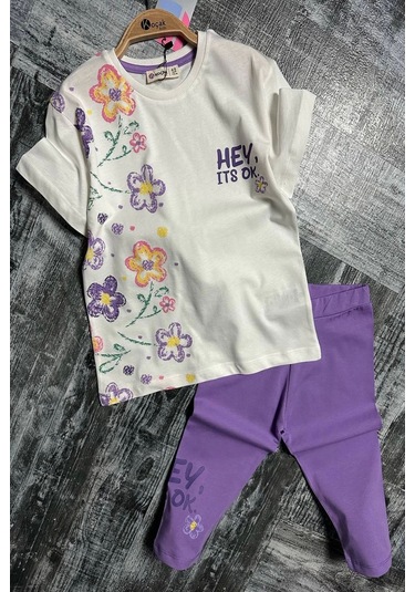 Yeni Sezon Çiçek Desenli Lila Renk Kapri Taytlı Kız Çocuk Takım Lila