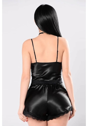 Merry See Saten Dantelli Şortlu Pijama Takım Siyah