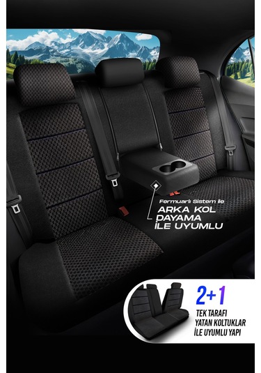 Siyah - Mavi Garni Panda Dragon Serisi Dokuma Kumaş Oto Koltuk Kılıfı - Tam Set