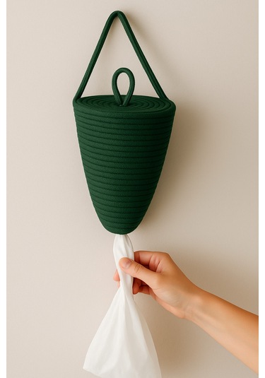Poşetlik Halat İp El Dokuma Duvar Askılı Saklama Torbası Ev Düzenleme Aksesuarı Sepet 30 X 20 Cm Yeşil
