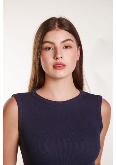 Kadın Lacivert Fitilli Likralı Sıfır Kol Bisiklet Yaka Örme Atlet Tshirt Bluz Lacivert