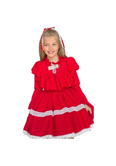 Riccotarz Kız Çocuk Göğsü Ve Yakası Fırfırlı Eteği Pliseli Dantel Şerit Detaylı Kırmızı Elbise Kırmızı
