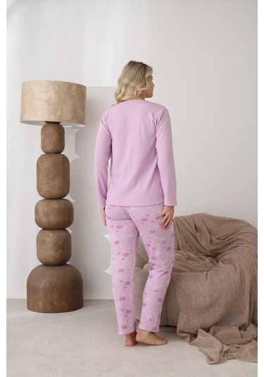 Lindros Kadın Pamuk'lu Düğme Yaka Raporlu İnterlok Kışlık Pijama Takımı 05163 - 1 Adet Gül Kurusu