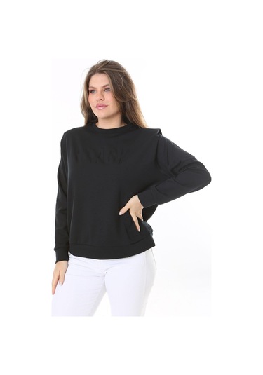Kadın Büyük Beden Siyah Omuz Detaylı Ön Baskılı Sweatshirt 65n38050-siyah Siyah
