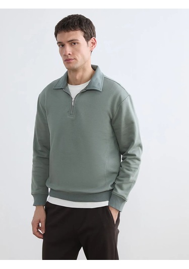 Lc Waikiki Mavi Polo Yaka Yarım Fermuarlı Erkek Sweatshirt