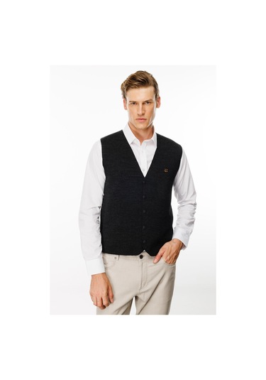 Erkek V Yaka Düz Yün Yelek Antrasit Antrasit