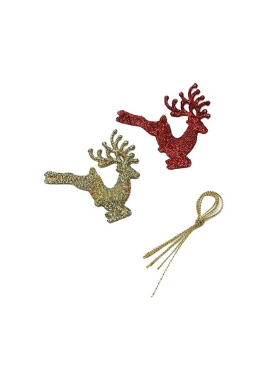 8 Cm 2'li Kırmızı Gold Simli Geyik Model Yılbaşı Ağaç Süsü Dekoratif Set