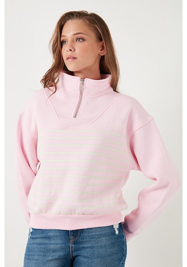 Lela Streç Oversize Fit Yarım Fermuarlı Dik Yaka Bayan Sweat 5865883 Şeker Pembe