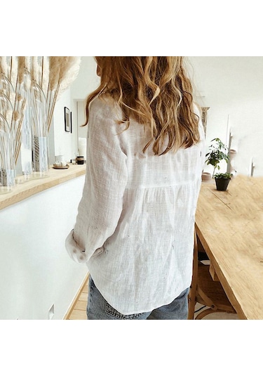 Sones İlkbahar Ve Sonbahar Rahat Bol Uzun Kollu Nefes Alabilir Keten Gömlek Siyah