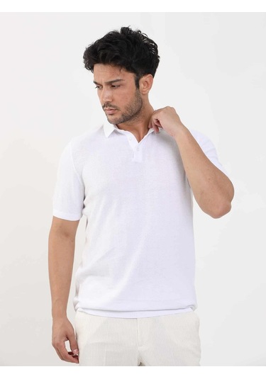 Dufy Beyaz Erkek Slim Fit Balıksırtı Desenli Polo Yaka Kazak - 104551-beyaz Beyaz