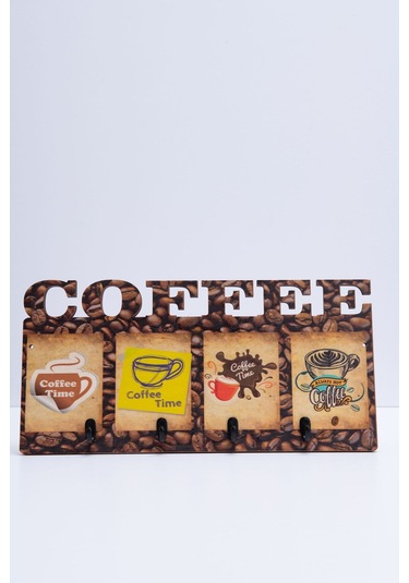 Deepcraft Duvar Askılığı 4 Askılı Doğal Ahşap Uv Baskılı Coffee Kahve