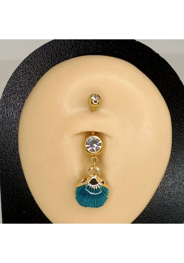 Aya Tasarım Gold Renk Turkuaz İstiridye Figürlü Göbek Piercing Altın