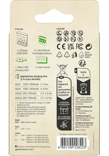 Gp B441 Usb Pil Şarj Cihazı 4 Adet 950 Aaa İnce Pilli Set