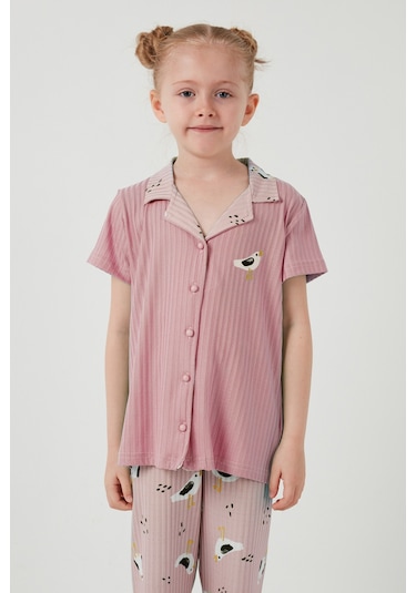 Lela Baskılı Beli Lastikli Gömlek Yaka Kısa Kollu Kız Çocuk Pijama Takımı 6576001 Pembe