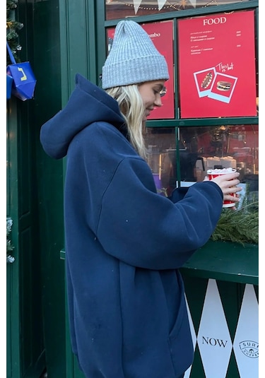 Madmext Lacivert Kapüşonlu Şardonlu Oversize Sweatshirt Mg1566 Lacivert