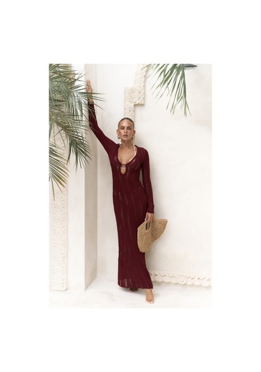 Anandra Boncuk Detay Bordo Triko Uzun Elbise Bordo