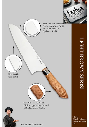 Light Brown Serisi Mutfak Bıçak Et Sebze 3 Lü Şef Bıçağı Mft-476 Kahverengi