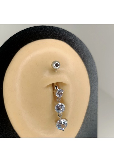Aya Tasarım Gümüş Renk Üç Taşlı Göbek Piercing