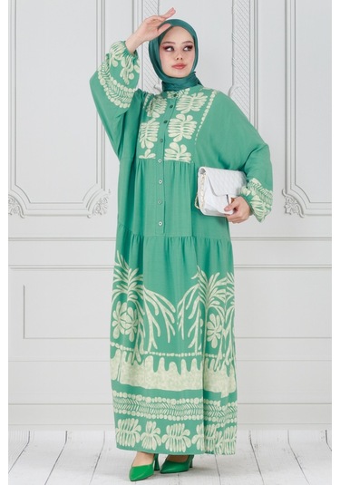 Yarasa Kol Karışık Desen Viscon Elbise-mint Yeşili-3801 - Mint Yeşili