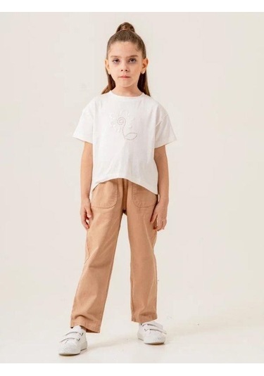 Kız Çocuk Çiçek Desenli Ceket Tshirt Pantolonlu Takım-15508 Bej