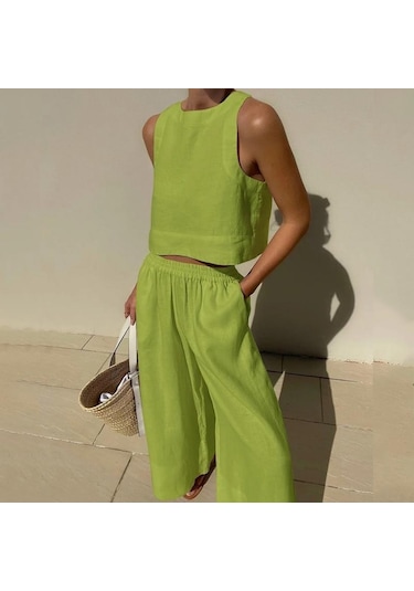 Rahat Yaz Iki Parçalı Set Kolsuz Kıyafetler O Boyun Üstleri Ve Gevşek Geniş Bacak Pantolon Seti Kadın Katı 2 Parça Takım Elbise Giysileri 27723 Yeşil