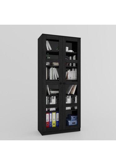 Lucas Cam Kapaklı Vitrin - Büfe - Kitaplık Ve Çok Amaçlı Dolap Ayarlanabilir Raf - Siyah Siyah