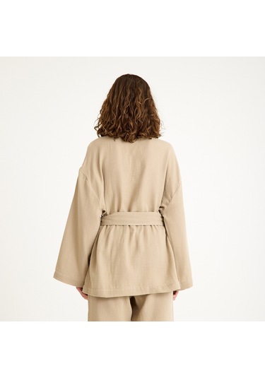 %100 Pamuklu Dokuma Şal Yaka Müslin Kimono-pantolon Alt Üst Takım Bej