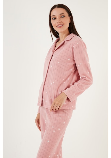 Lela Regular Fit Gömlek Yaka Önden Düğmeli Polar Bayan Pijama Takımı 6571009W4 Pudra