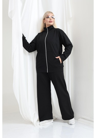 Kadın Büyük Beden Fermuarlı Uzun Kollu Rahat Günlük Eşofman Takım Siyah