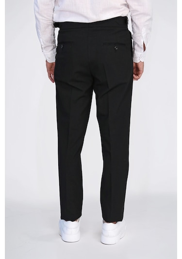 Siyah Çift Pileli Tokalı Yüksek Bel Slim Fit Pantolon Wessi Siyah