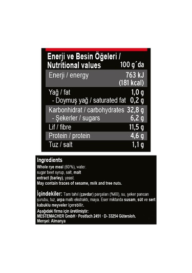 Mestemacher Siyah Çavdarlı Tam Tahıl Ekmeği 500 G