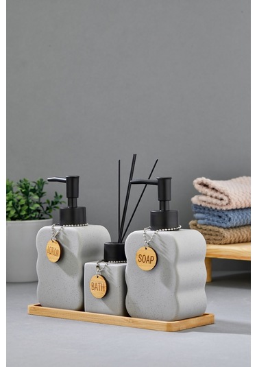 Cooker 3'lü 300 Ml Seramik Bambu Standlı Banyo Seti Ckr3883 Gri
