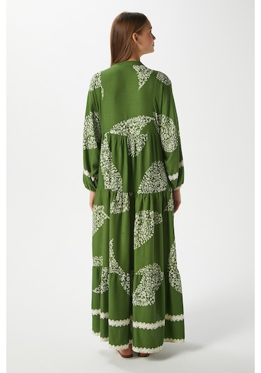 Modest Helena Yeşil Krem Kadın %100 Viskon Maksi Boy Katlı Balon Kol Uzun Yazlık Elbise Çok Renkli