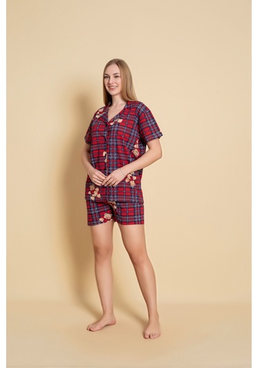 Kadın Gömlek Kısa Kol Şort Pijama Takımı Bordo