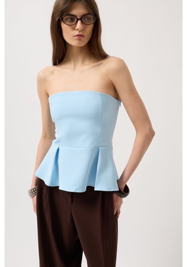 Pileli Straplez Bluz Antrasit Melanj