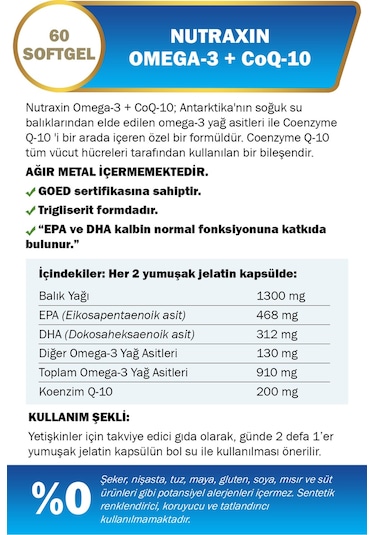 Nutraxin Omega 3  Co Q10 60 Softjel - Balık Yağı EPA 468, DHA 312,  Q10 200 Mg