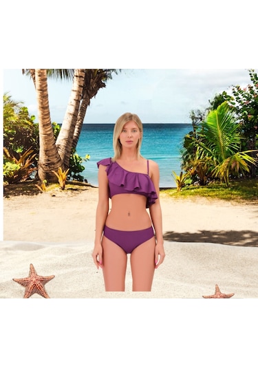 Shopiolog Kadın Düz Fırfırlı Tek Askılı Tek Omuzlu Bikini Haki