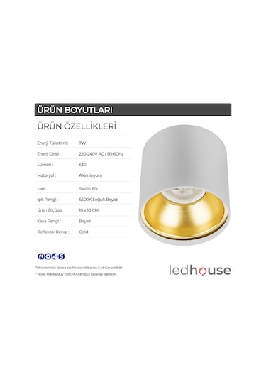 Spot Lamba Led 7W Silindir Beyaz-Gold Duvar Aydınlatma Armatür