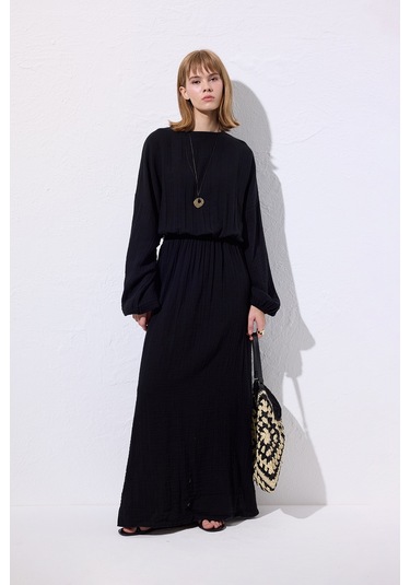 Müslin Beli Büzgülü Elbise Siyah Siyah
