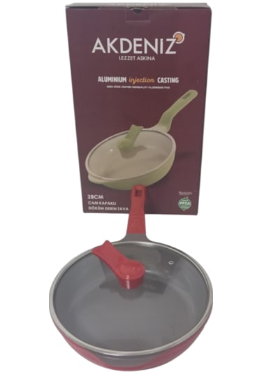 Akdeniz 28 Cm Cam Kapaklı Kırmızı Döküm Derin Tava