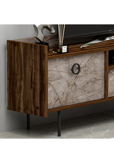 T0015 Lidya Kapaklı, Açık Raflı Tv Sehpası - Gordion Mermer/ceviz Gordion Mermer/ceviz