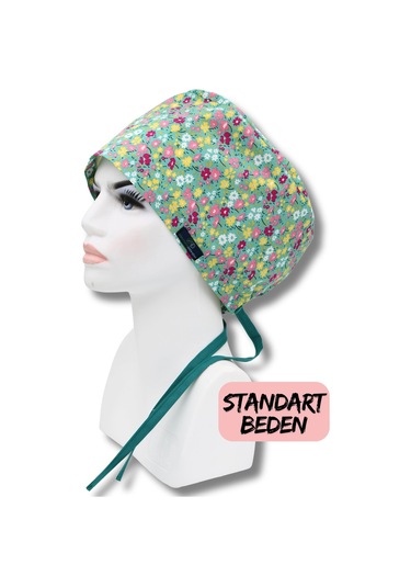 Standart Beden Yeşil Minik Çiçekler Cerrahi Bone Doktor Hemşire Sağlıkçı Hastane Bonesi Renkli